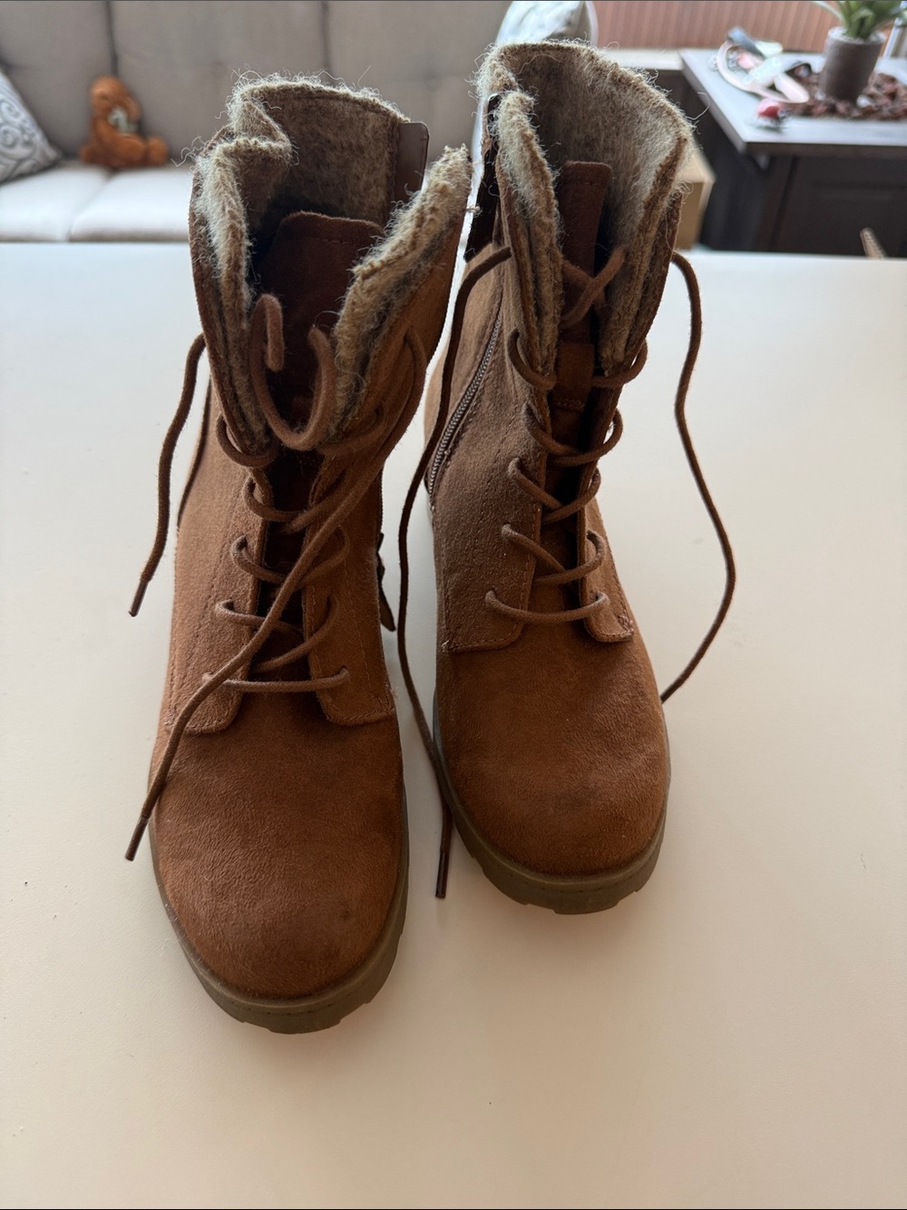 Mossimo Supply Co. Brown Suede Lace-Up Fur-Trim Boots